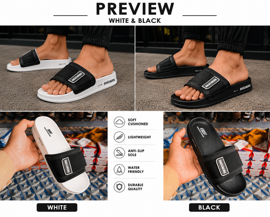 Skechers Style Adjustable Comfort Slides – White & Black | Premium Everyday Slippers