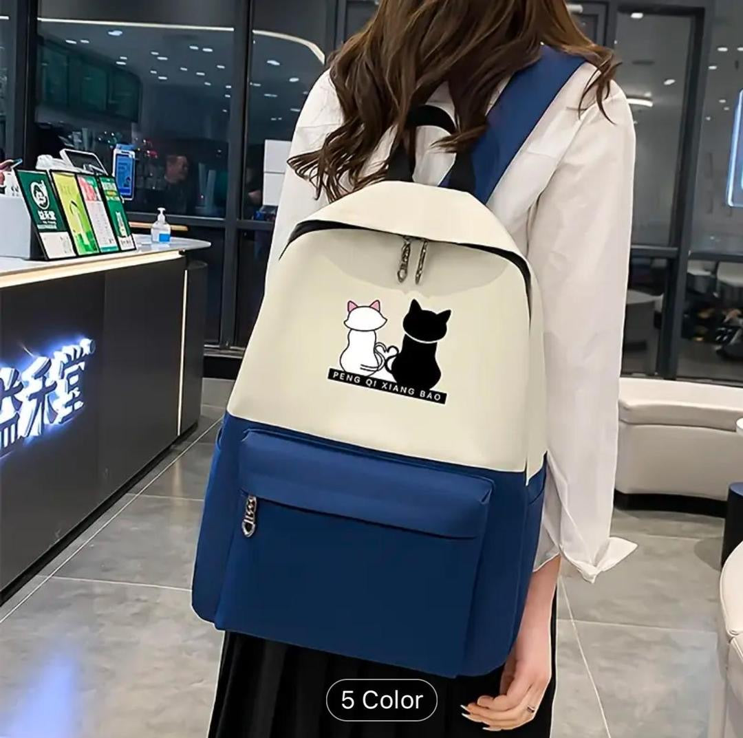 Cute Cat 5-in-1 School Bag Set for Girls