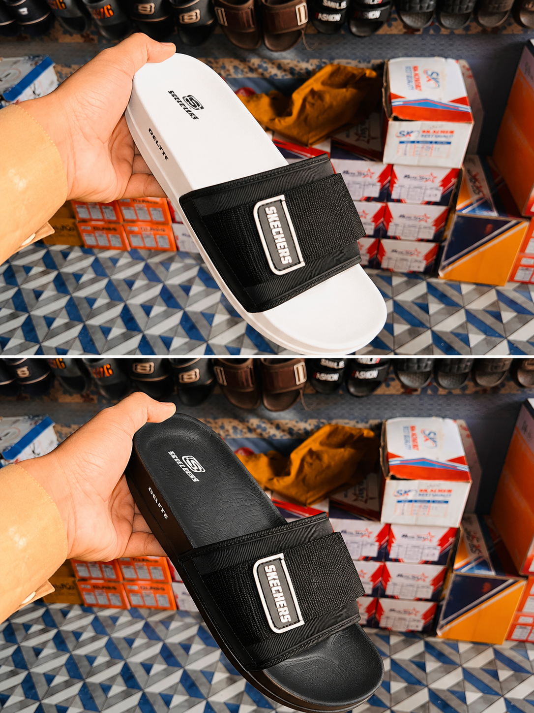 Skechers Style Adjustable Comfort Slides – White & Black | Premium Everyday Slippers